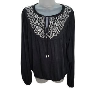 Lucky Brand Black Embroidered Peasant Blouse Long Sleeve Boho Size L